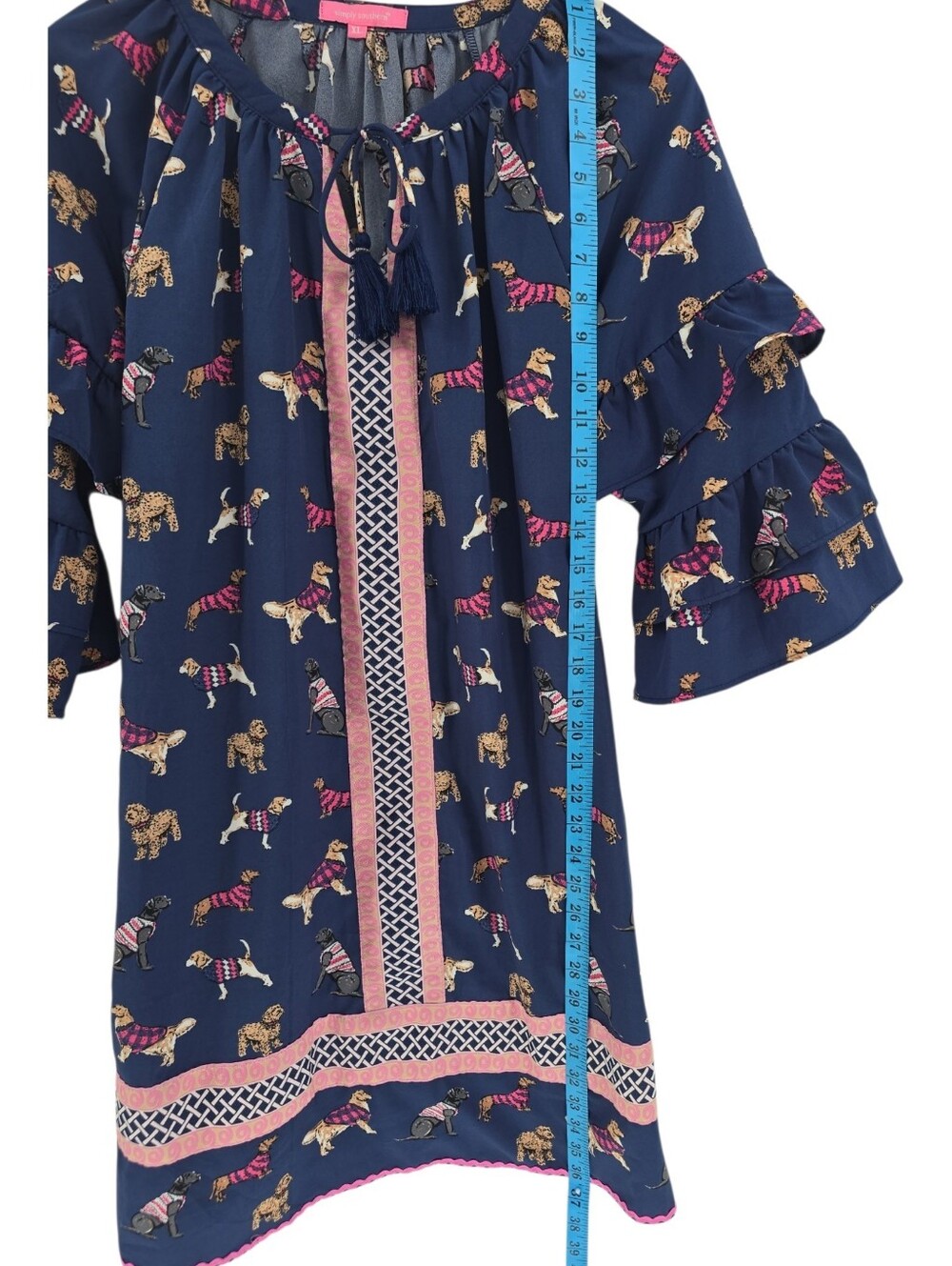 Simply Southern Ruffled Sleeve Dress Size XL Dog Print Navy & Pink - Picture 7 of 10